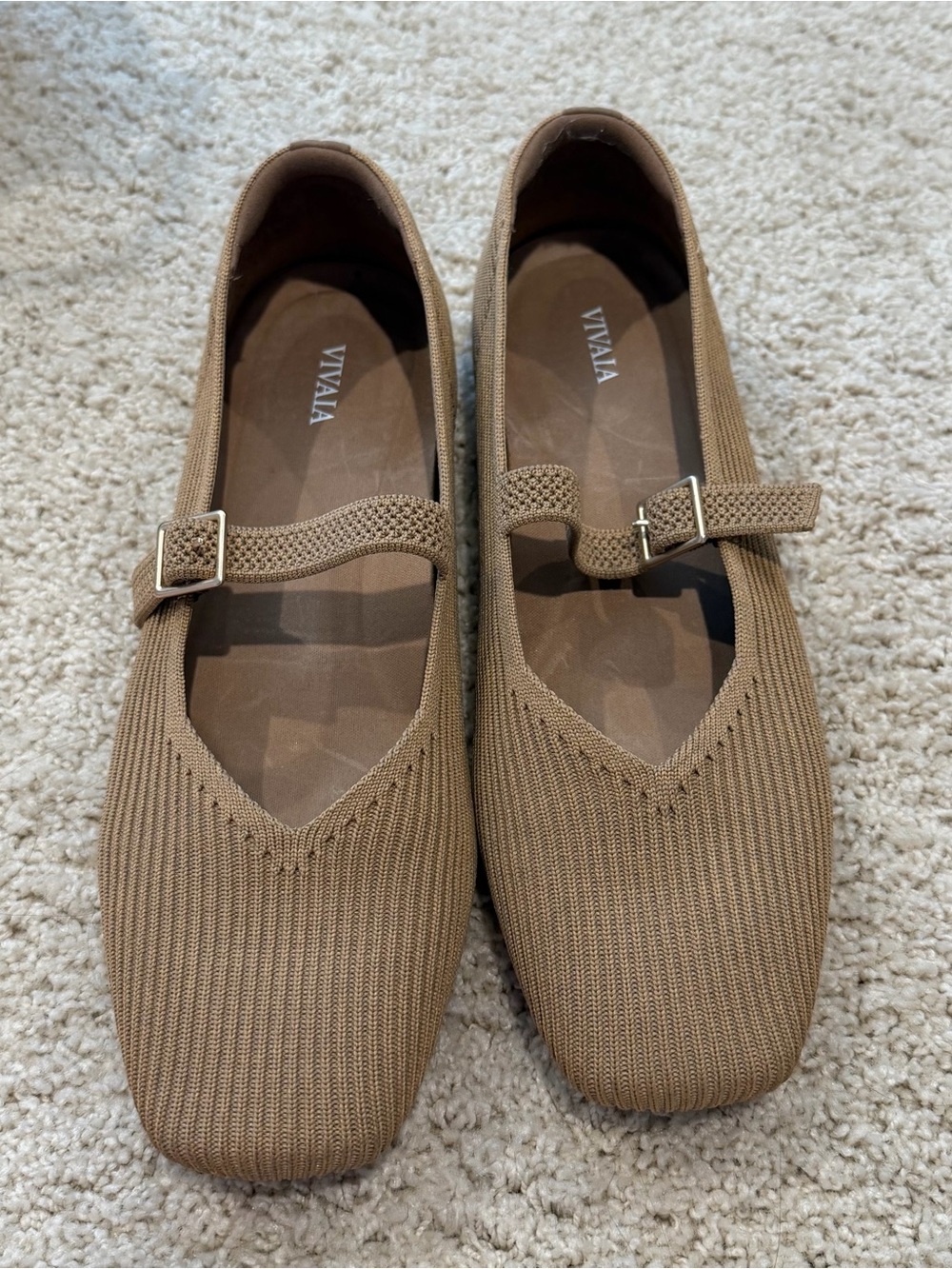 VIVAIA Tan Knit Mary Jane Flats with Buckle Strap